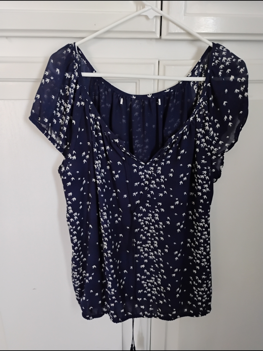 Navy Flutter Sleeve Printed V-Neck Top